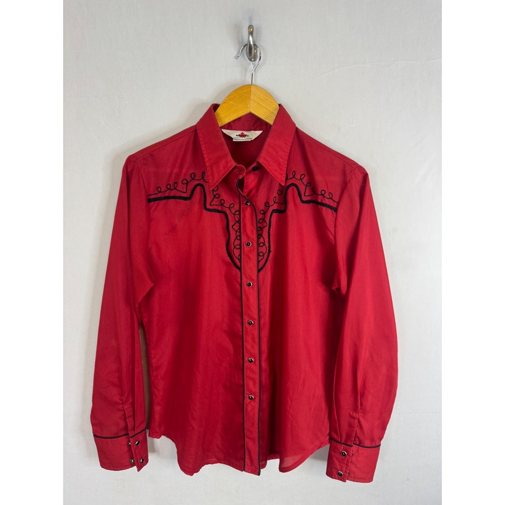 Vintage MWG Winnipeg Canada Red Western Shirt Black Embroidery Pearl Snap 16